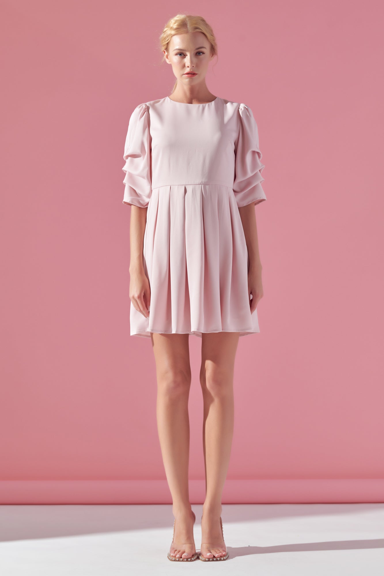 Pleat detail solid mini dress pink