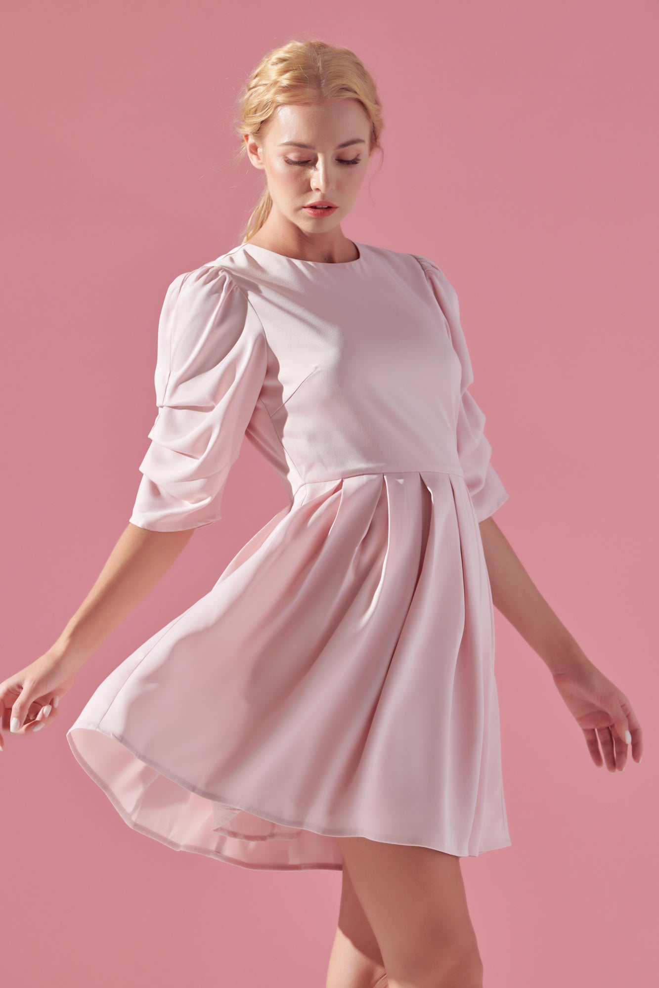 Pleat detail solid mini dress pink