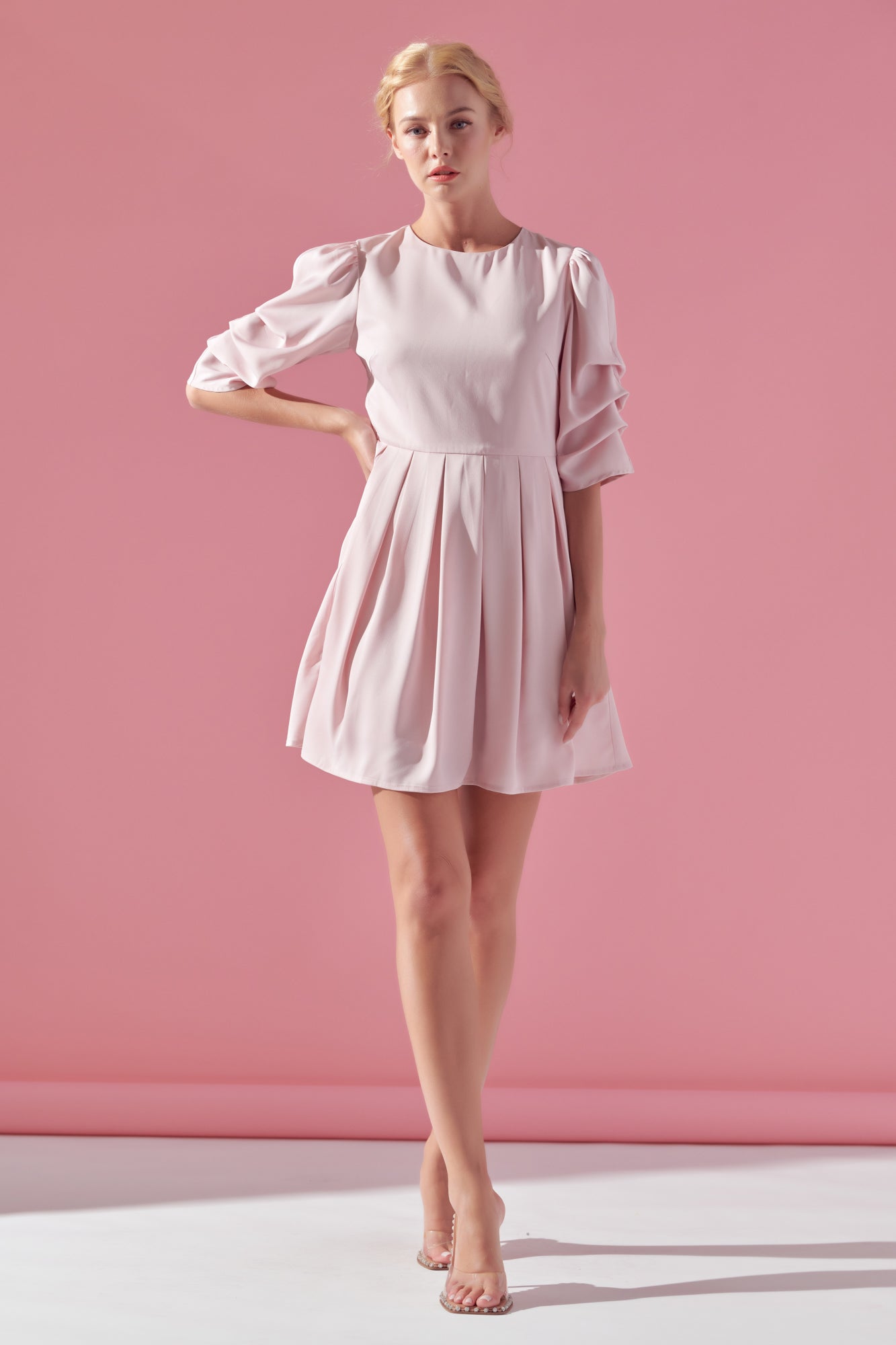 Pleat detail solid mini dress pink