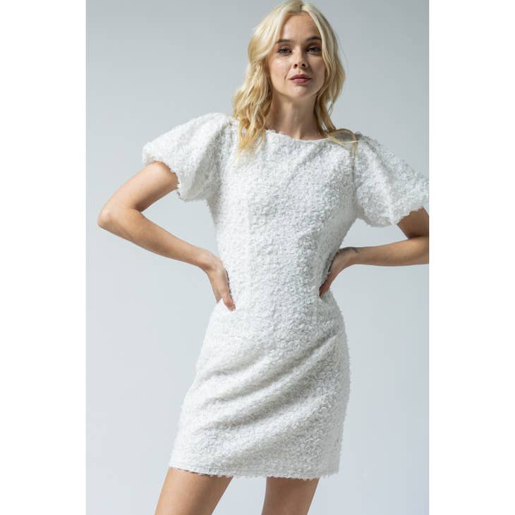 Textured lace balloon dress white