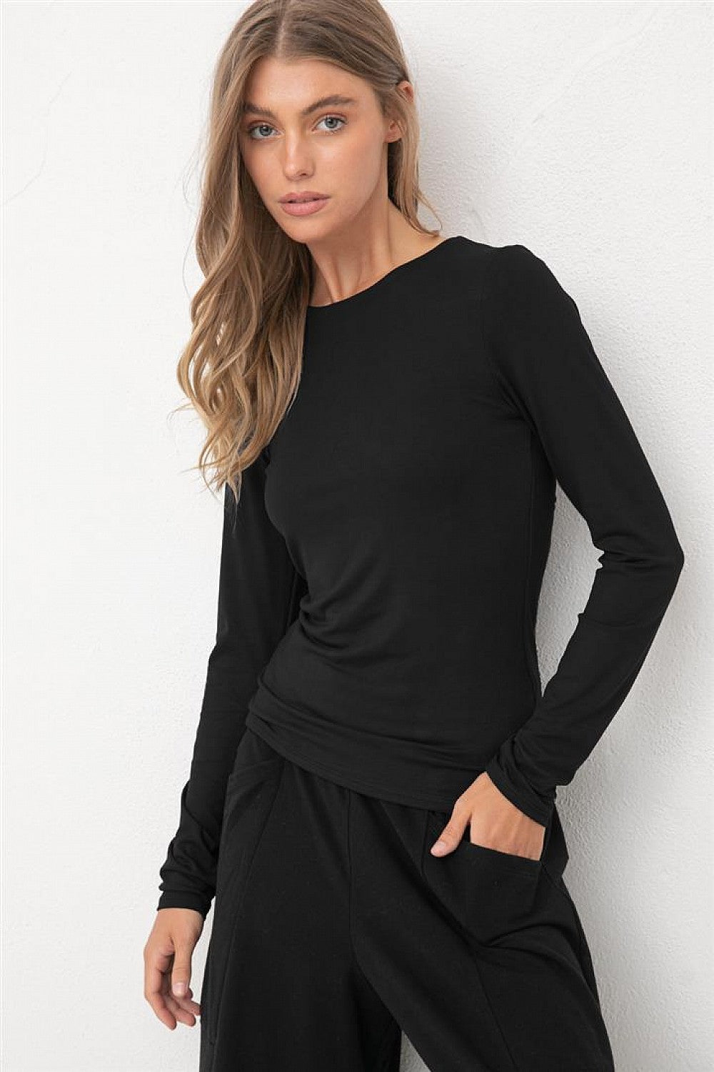 Black Double Layered Crew Neck Top Long Sleeve