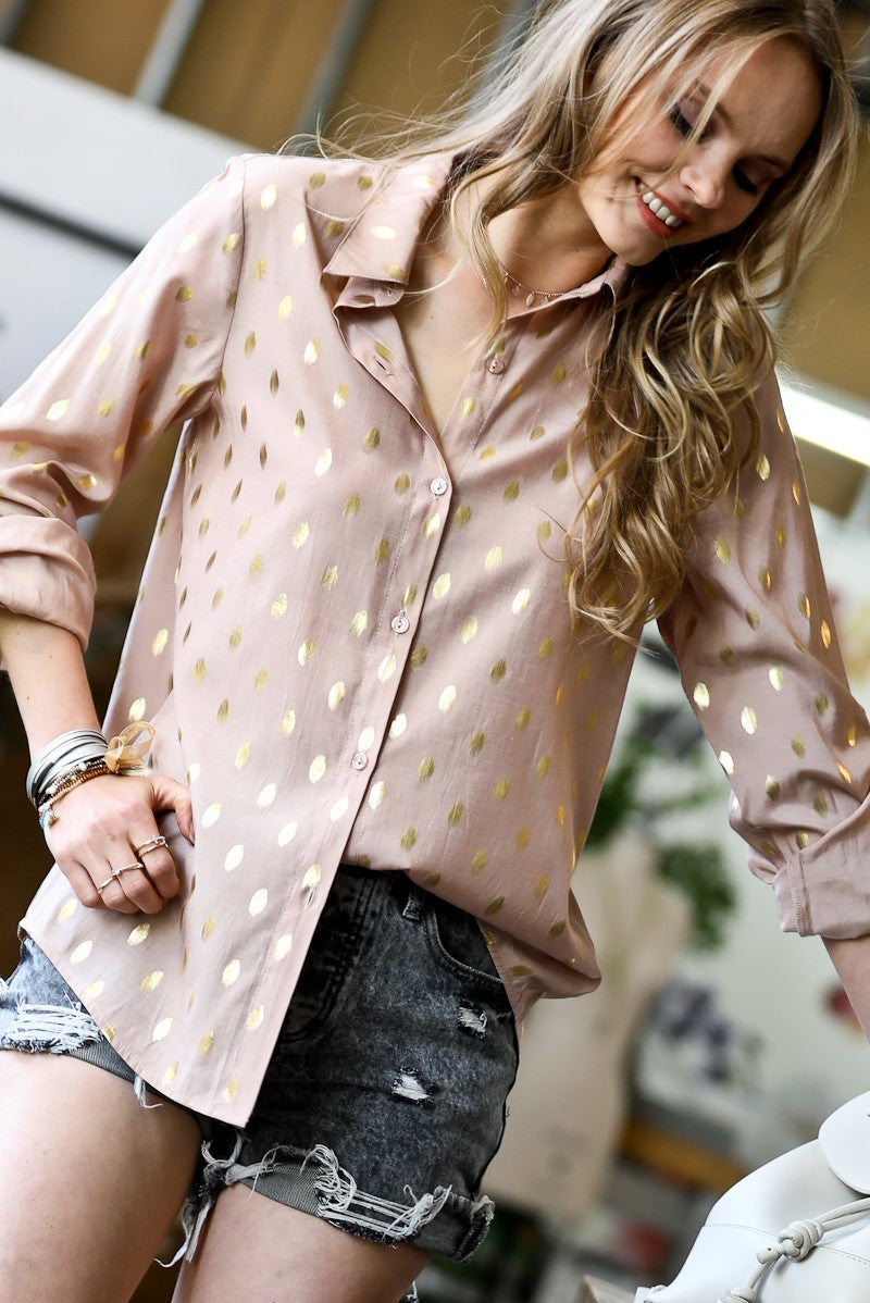 Golden Lit Polka Dot Detail Button Down Shirt Top