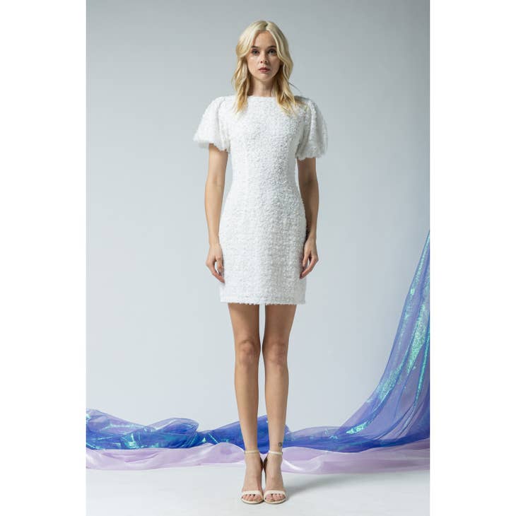 Textured lace balloon dress white