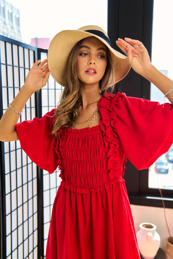 Smocked Bodice Ruffle Detail Puff Sleeve Dress