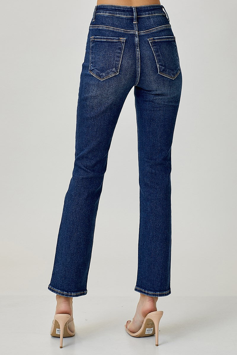 Mid Rise Ankle Straight Slim Jeans - Dark