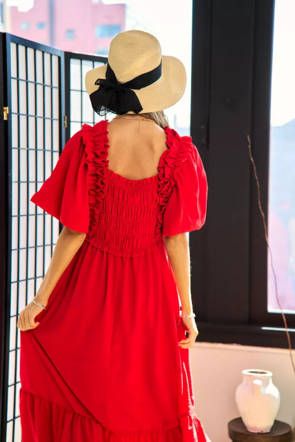 Smocked Bodice Ruffle Detail Puff Sleeve Dress