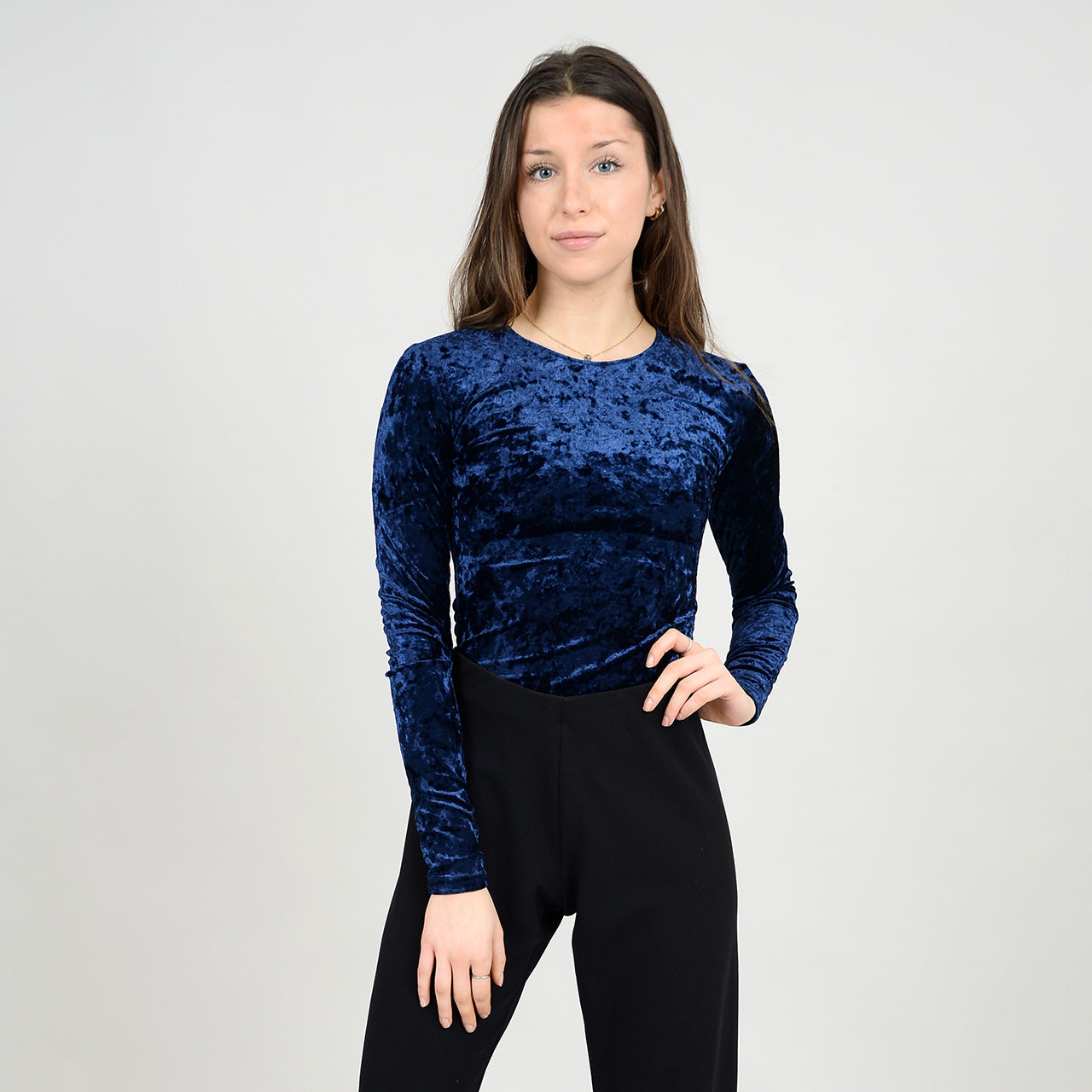 Bodysuit Crushed Velvet-High Crew Neck Navy