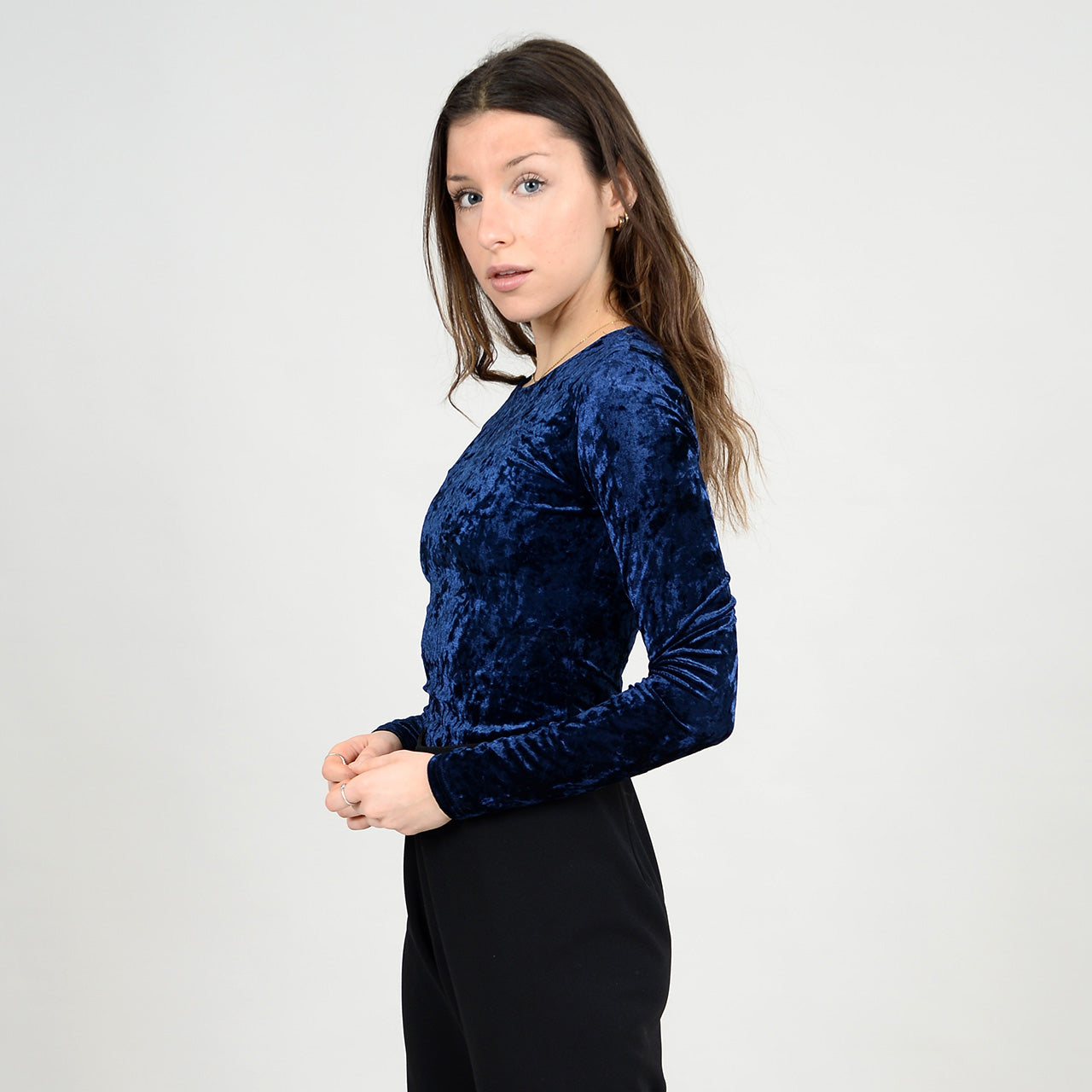 Bodysuit Crushed Velvet-High Crew Neck Navy