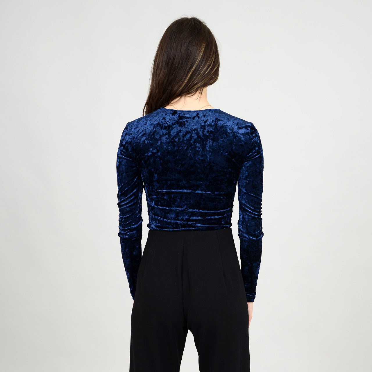 Bodysuit Crushed Velvet-High Crew Neck Navy