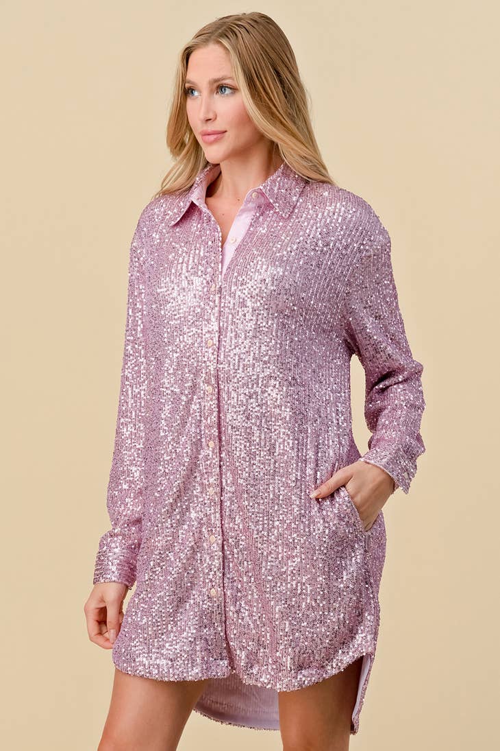 Sequins Button down midi shirt dress sweet pink