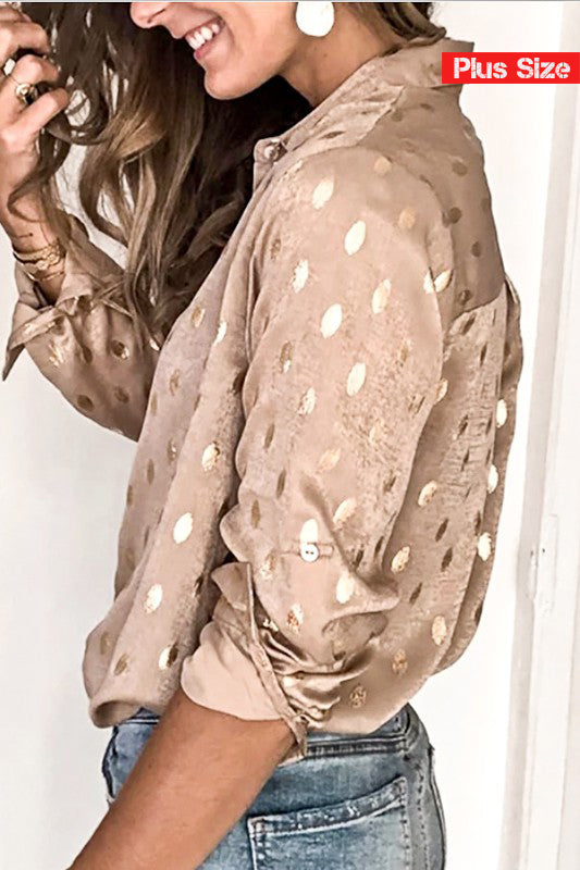 Golden Lit Polka Dot Detail Button Down Shirt Top