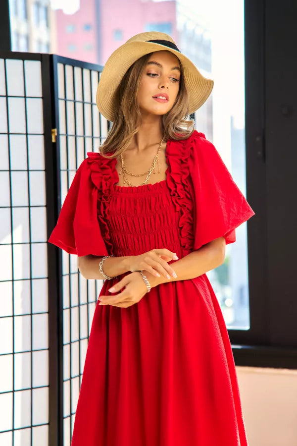 Smocked Bodice Ruffle Detail Puff Sleeve Dress