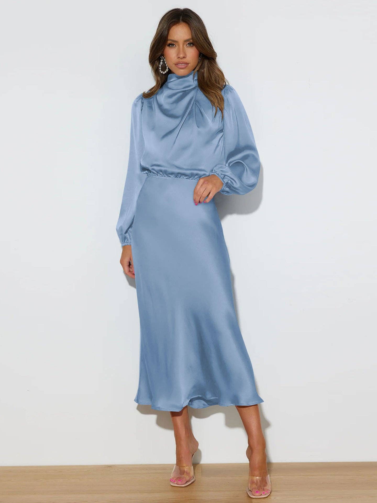 The Veronica Satin Blue Midi Dress