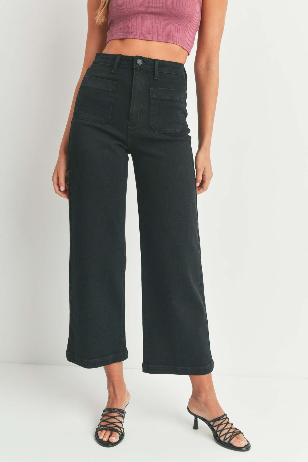 High Rise Patch Pocket Wide Leg-Black