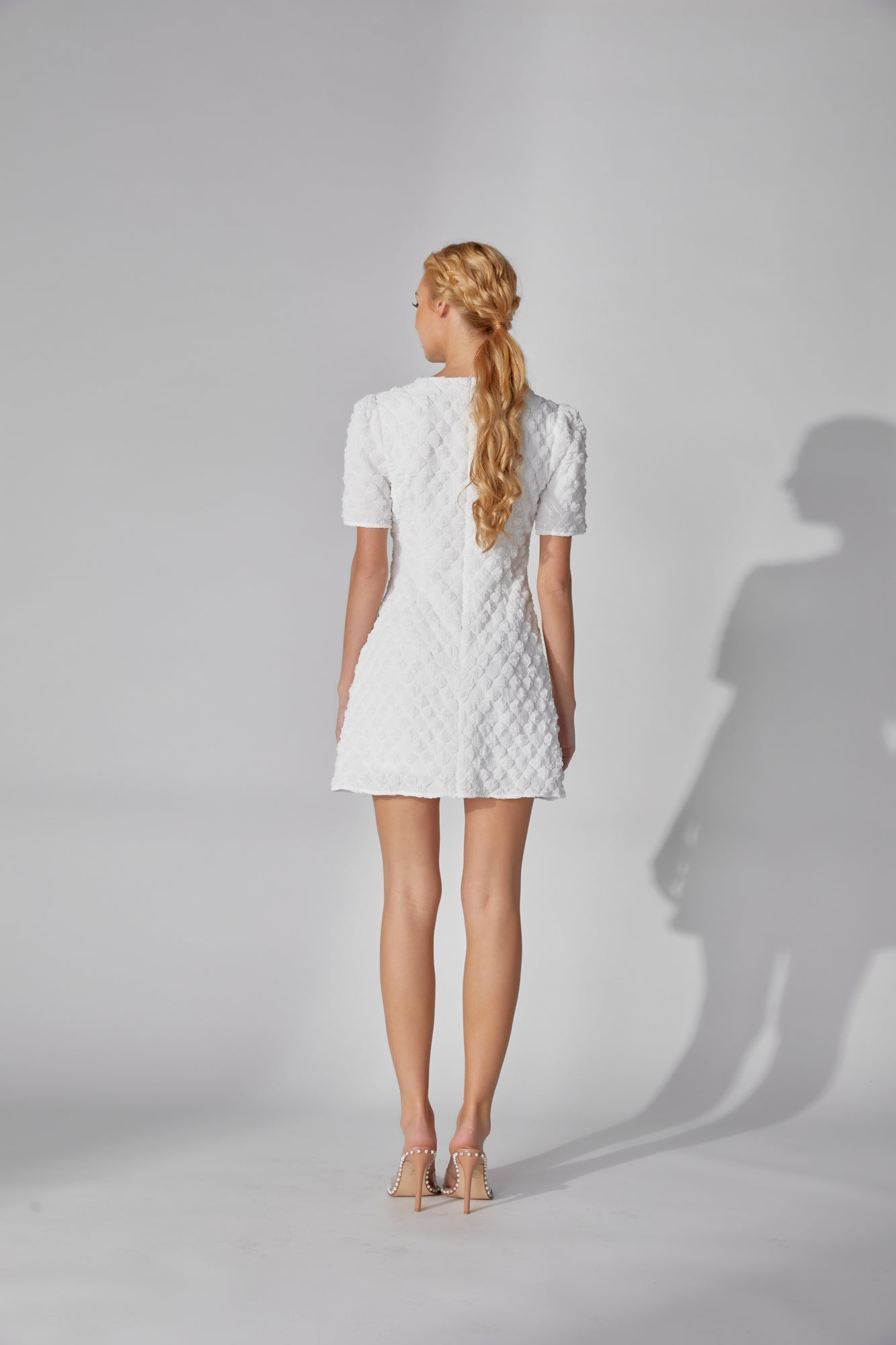Textured Half sleeve mini dress - White