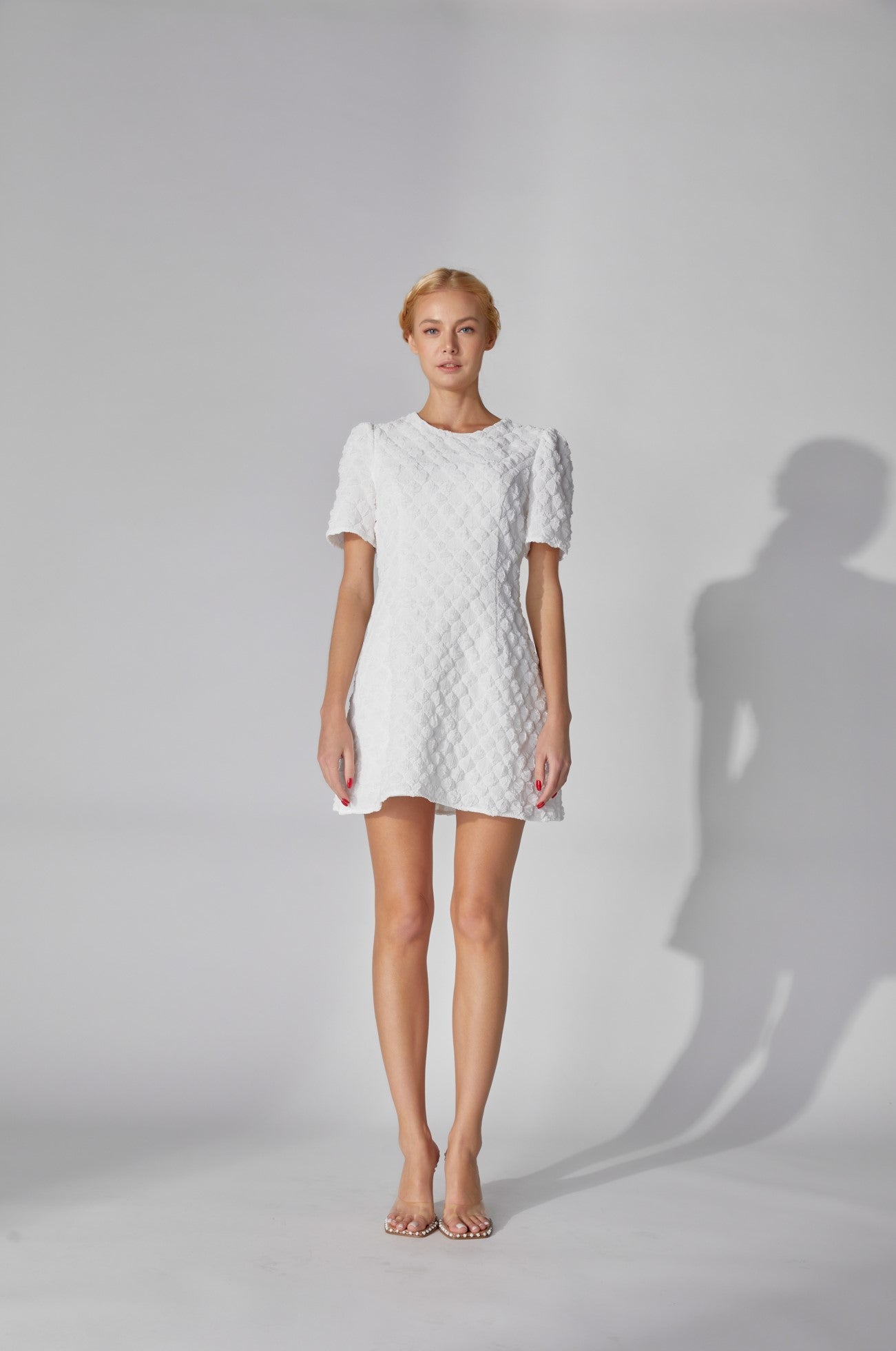 Textured Half sleeve mini dress - White