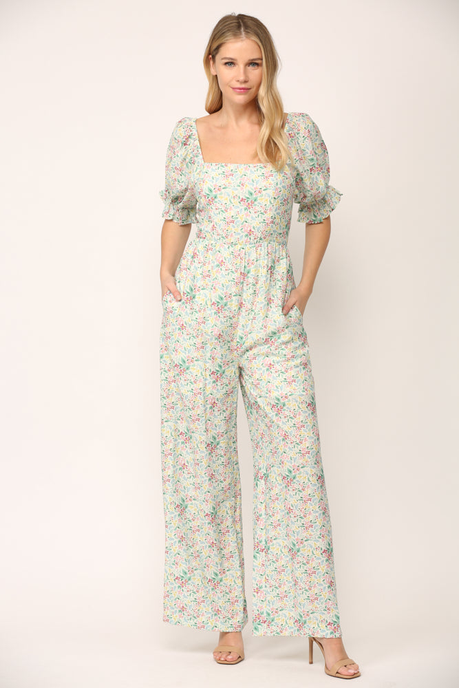 Floral Print Jumpsuit w/Pockets