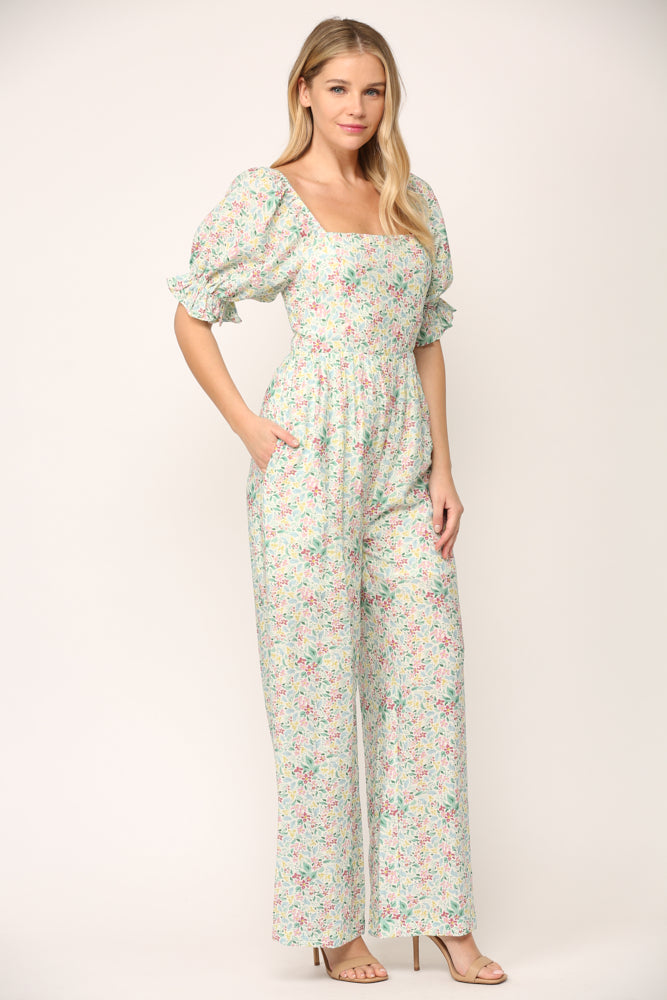 Floral Print Jumpsuit w/Pockets