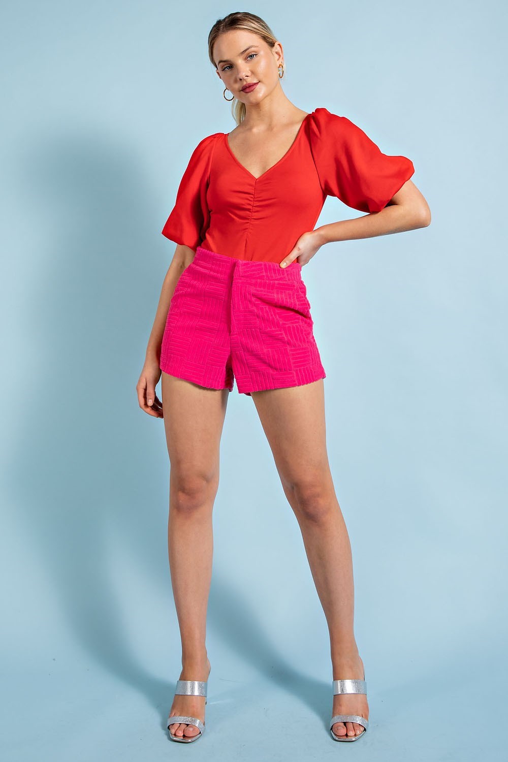 Puff sleeve V Neck Body Suit-Red