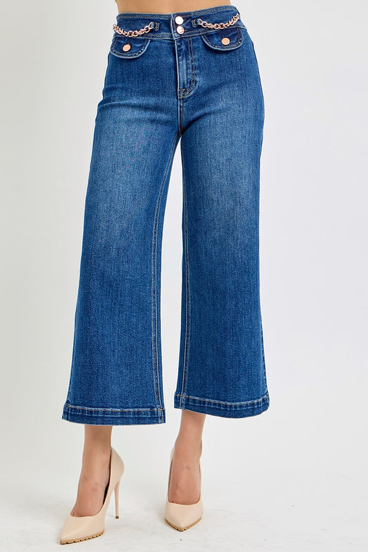 High Rise Crop Wide Waist Chain Detail Jeans - Dark