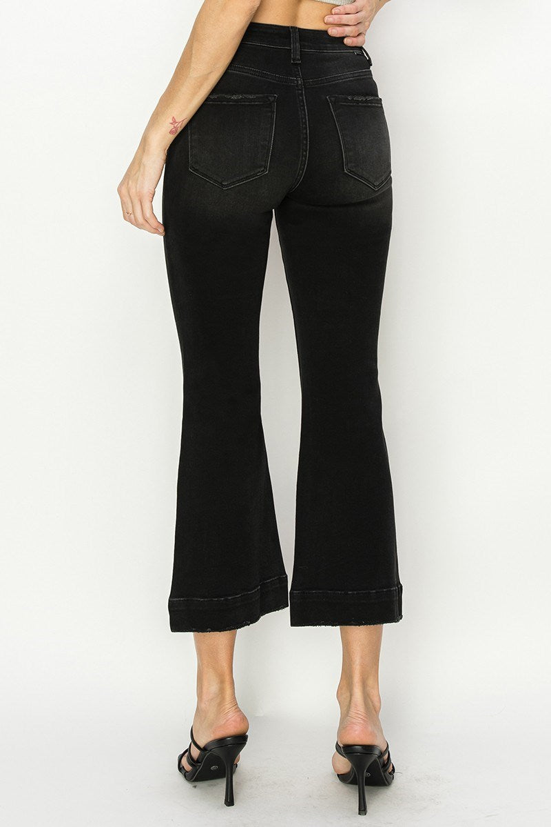 High Rise Crop Flare Patch Pocket Jeans - Black