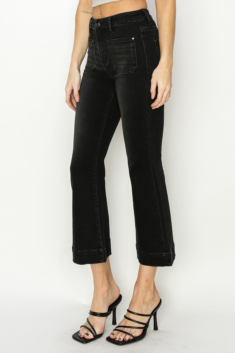 High Rise Crop Flare Patch Pocket Jeans - Black