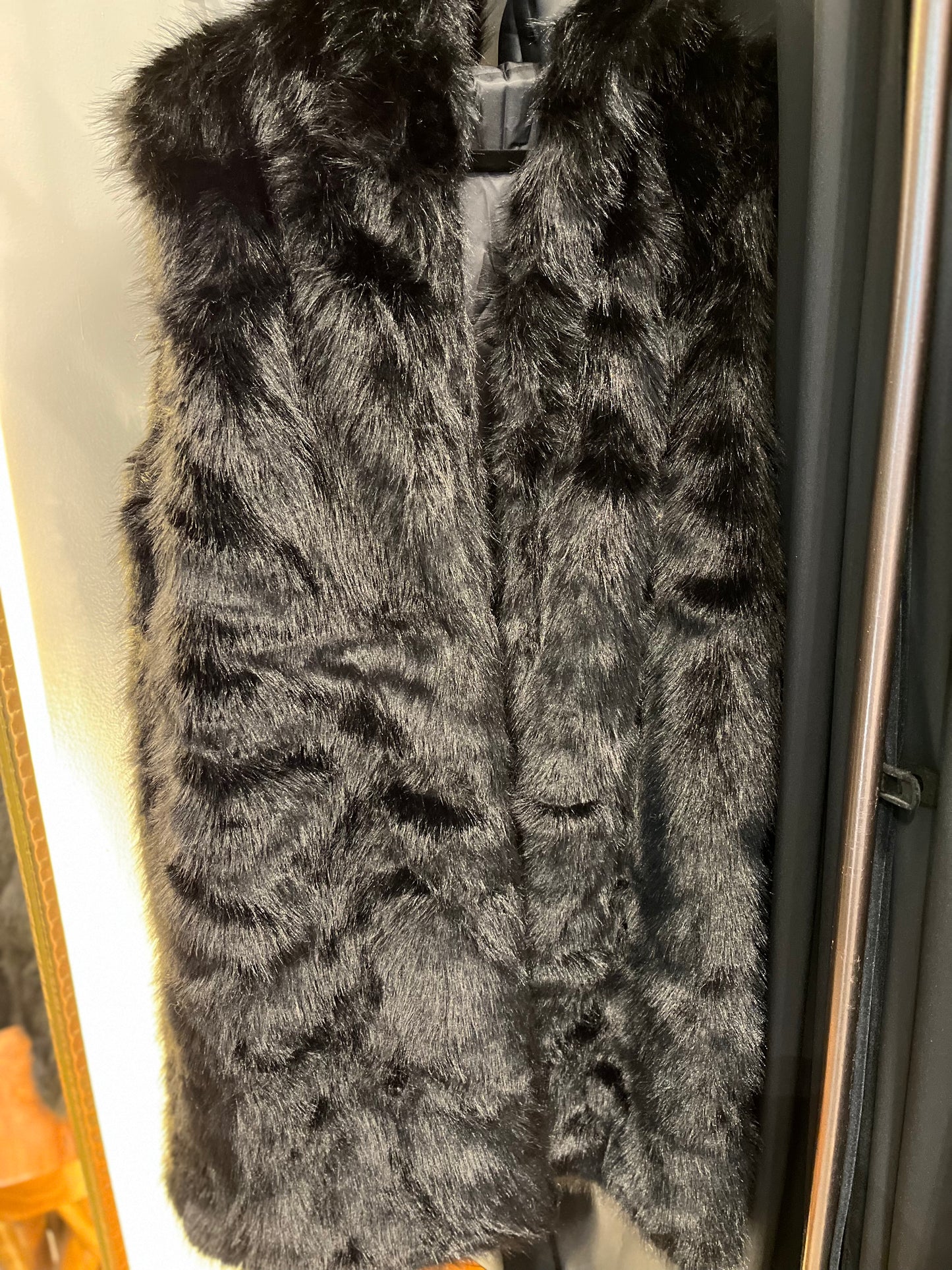 Faux Fur Hooded Long Vest w/Pockets Black