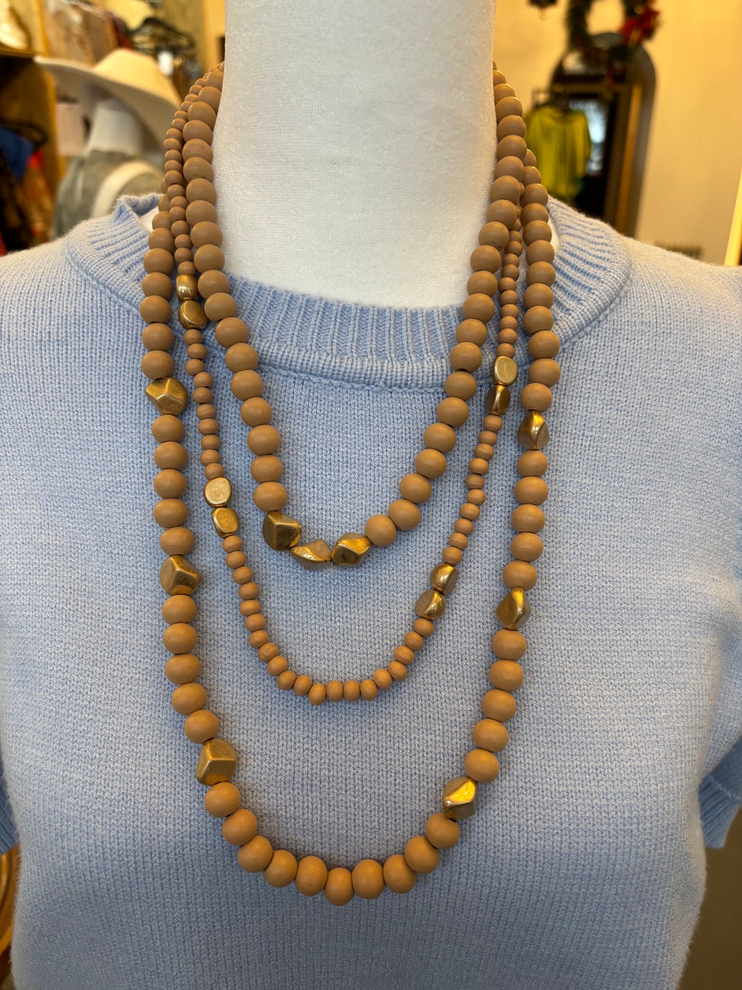 Wood & Gold Beads Necklace- Natural