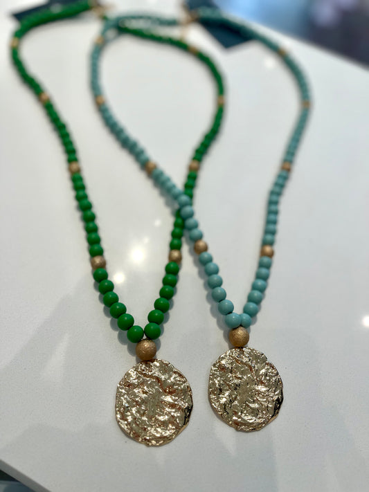 Beaded Necklace with Gold Circle Plate