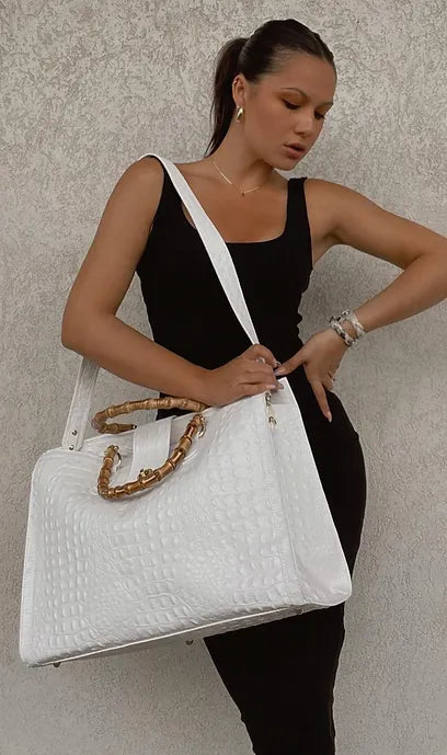 Leather Italian XL Tote Croco-White