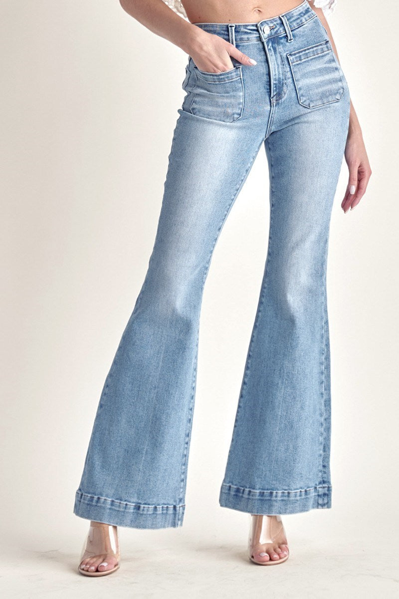 High-Rise Patched Pocket Flare Jeans