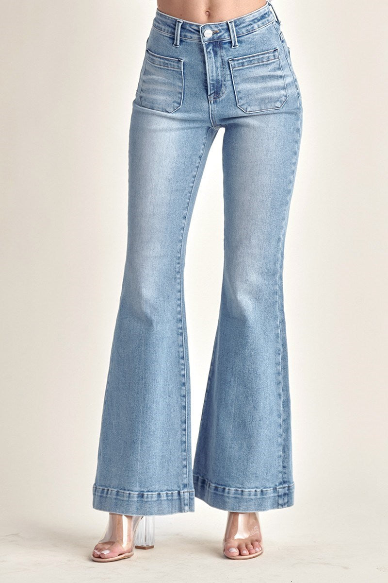 High-Rise Patched Pocket Flare Jeans