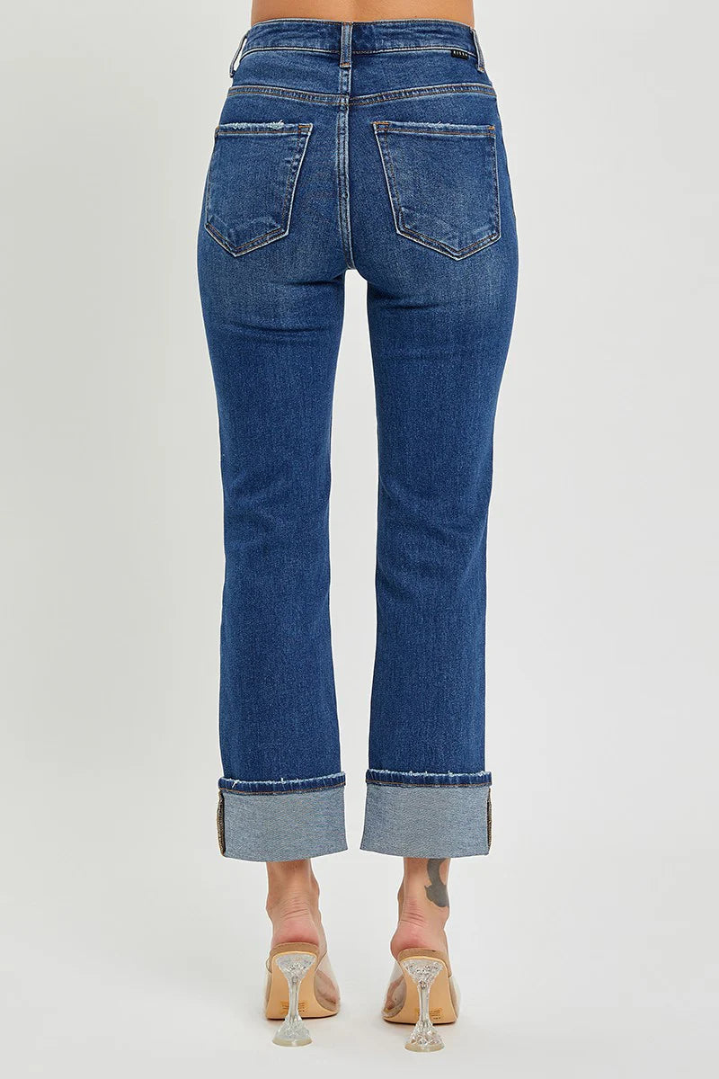 High Rise Ankle Straight Cuffed- Dark Denim