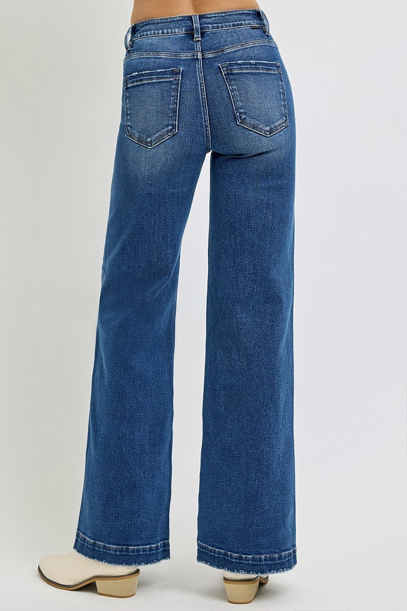 High Rise Wide Leg Front Patch Pocket Jeans-Dark Denim