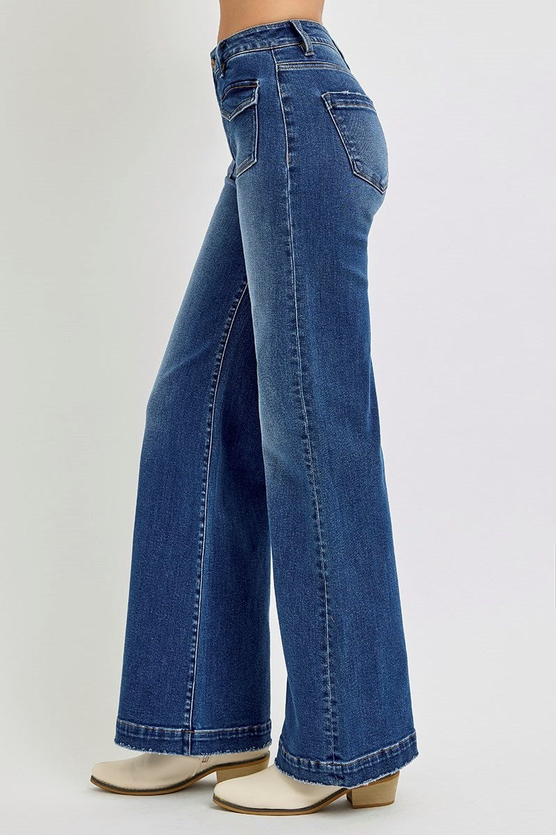 High Rise Wide Leg Front Patch Pocket Jeans-Dark Denim