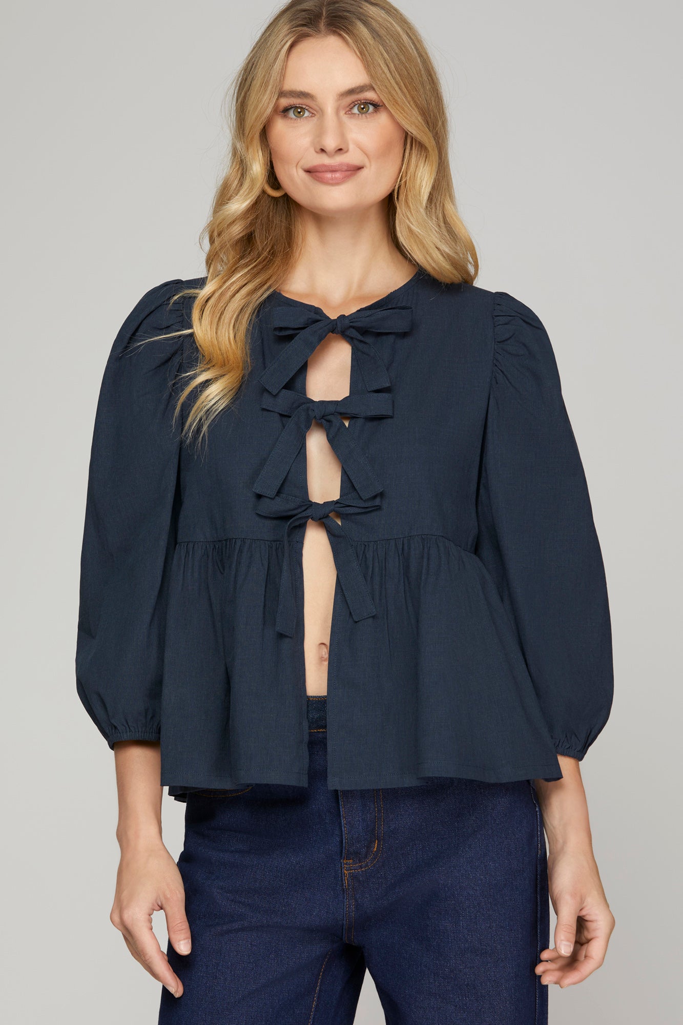 Janie Front Bow Blouse- Navy