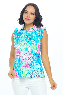 Pleated Cap Sleeve Polo in Coral