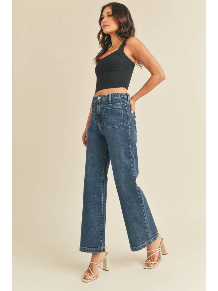 High Rise Patch Pocket Wide Leg - Dark Denim