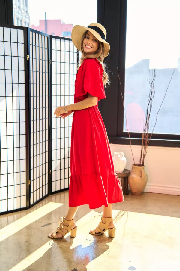 Smocked Bodice Ruffle Detail Puff Sleeve Dress