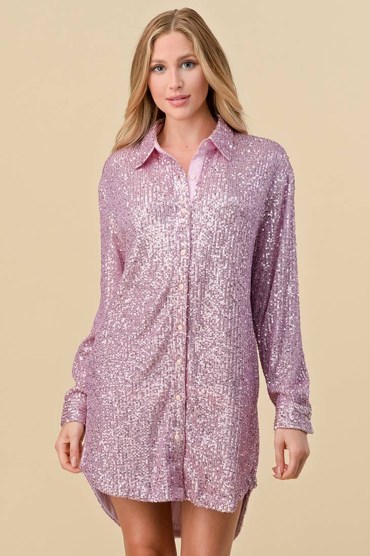 Sequins Button down midi shirt dress sweet pink