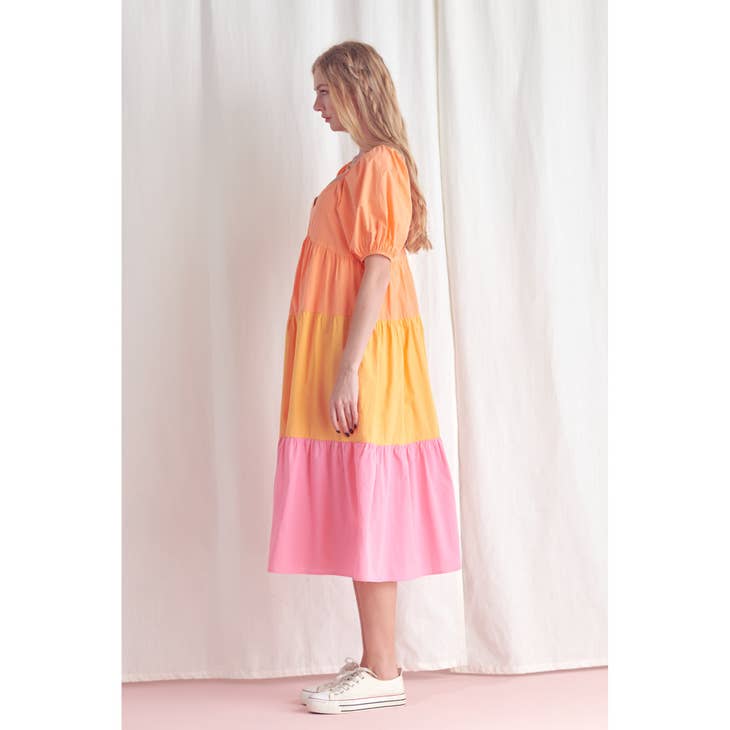Tiered summer dress orange/yellow/pink