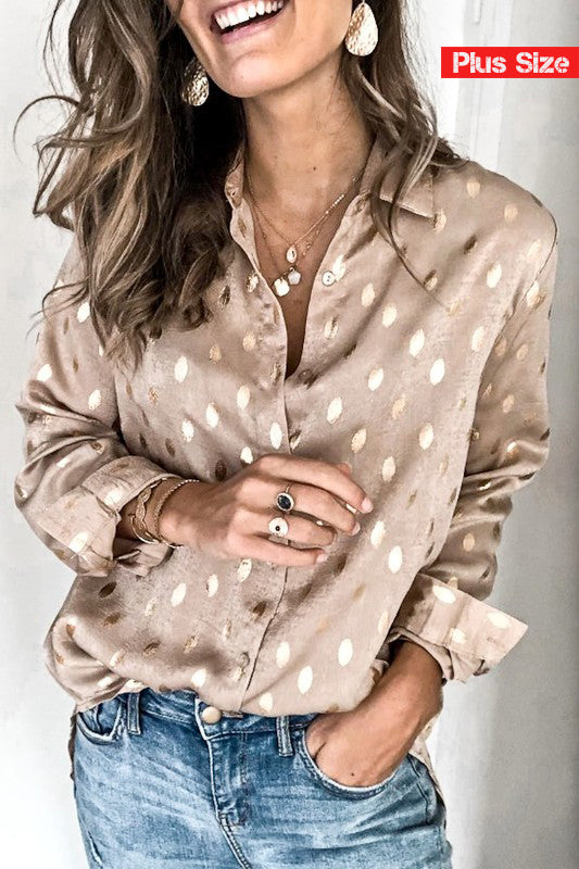 Golden Lit Polka Dot Detail Button Down Shirt Top