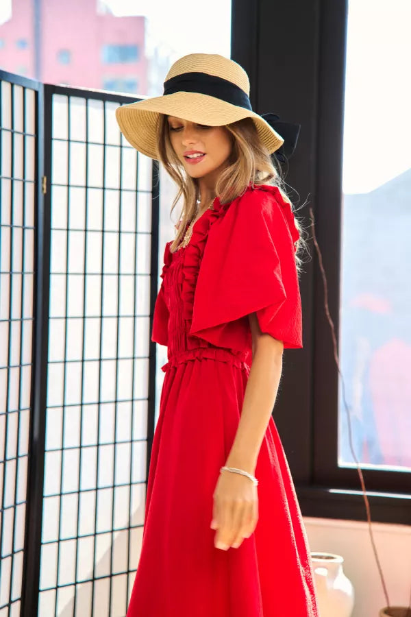 Smocked Bodice Ruffle Detail Puff Sleeve Dress