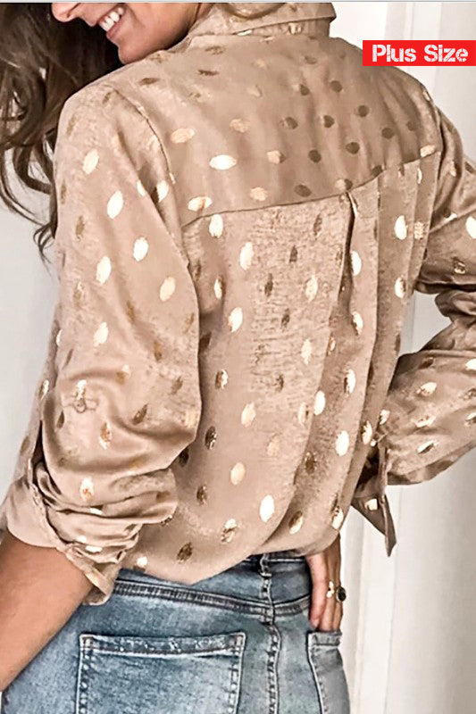 Golden Lit Polka Dot Detail Button Down Shirt Top