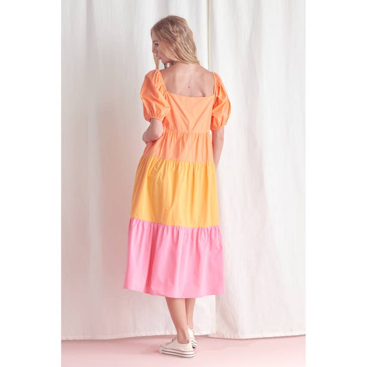 Tiered summer dress orange/yellow/pink