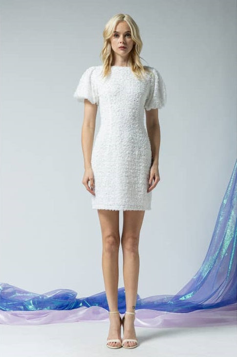 Textured lace balloon dress white