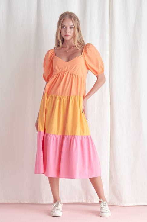 Tiered summer dress orange/yellow/pink
