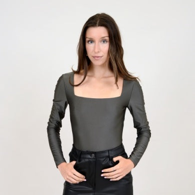 Bodysuit Square Neck Long Sleeve Gunmetal