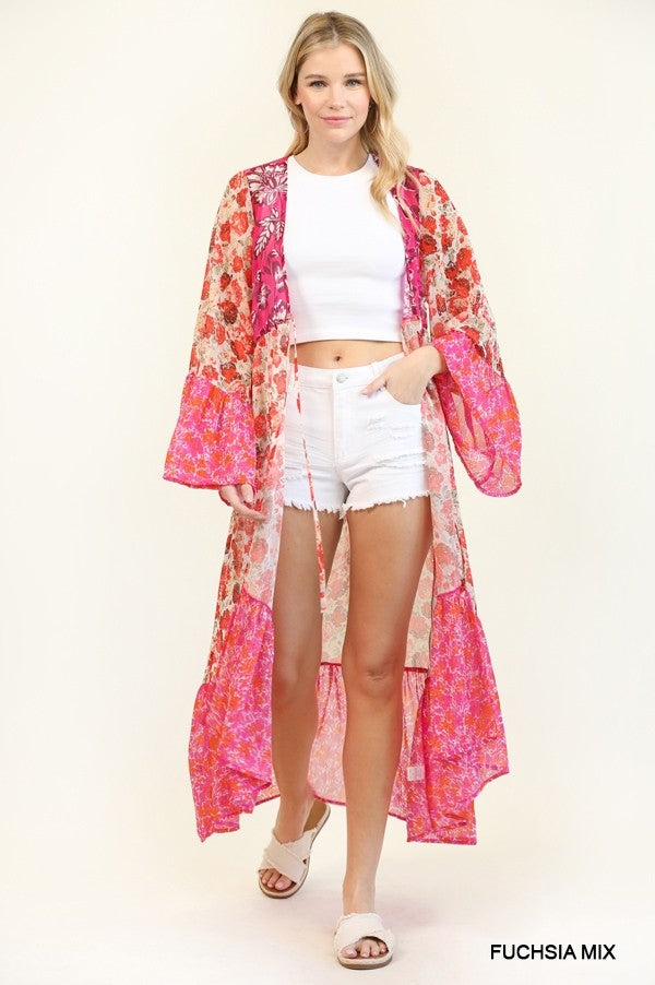 Floral Print Mixed Cardigan in Fuchsia