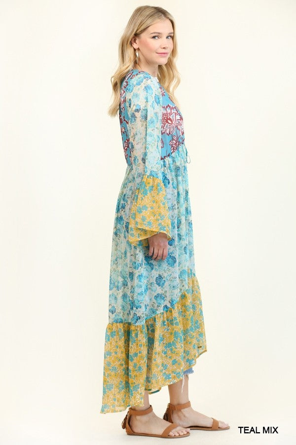 Floral Print Mixed Cardigan in Teal